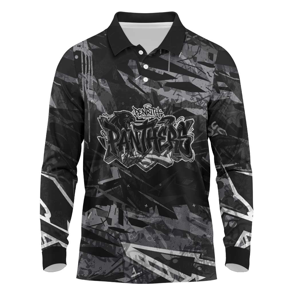 Personalized Penrith Panthers Long Sleeve Polo Shirt Graffiti Grunge Abstract Urban Street Style Design