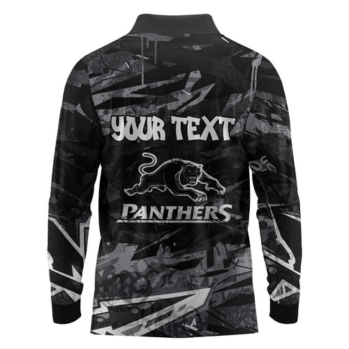 Personalized Penrith Panthers Long Sleeve Polo Shirt Graffiti Grunge Abstract Urban Street Style Design