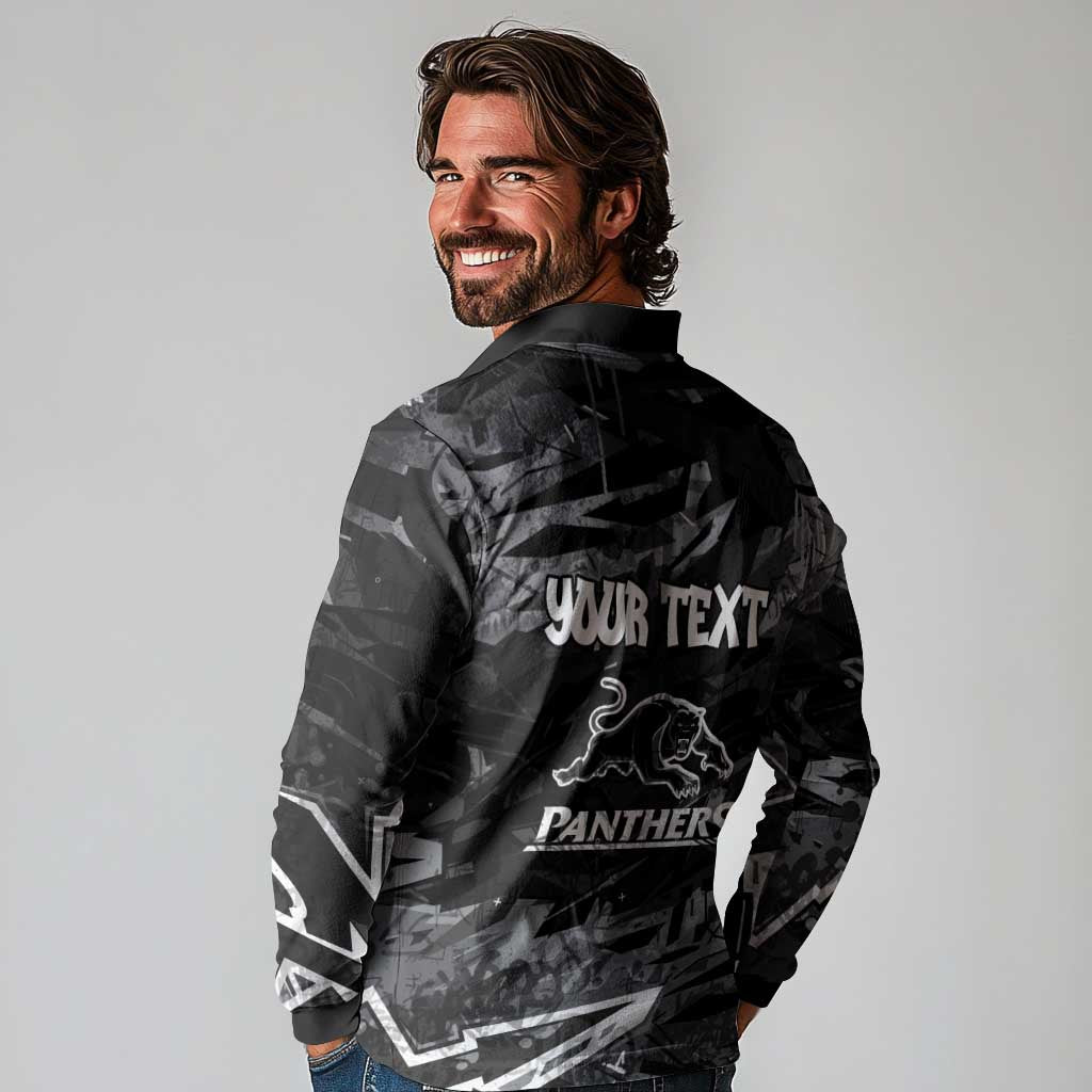 Personalized Penrith Panthers Long Sleeve Polo Shirt Graffiti Grunge Abstract Urban Street Style Design