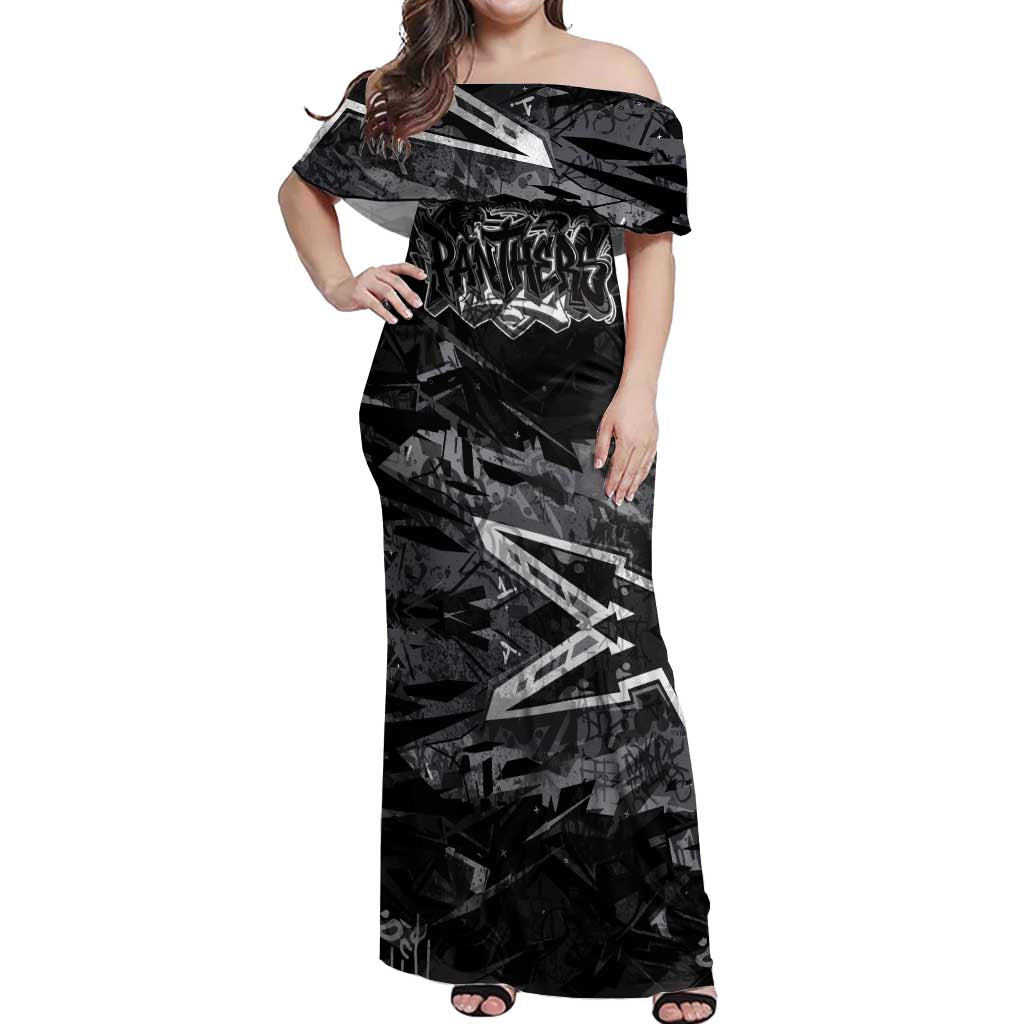 Personalized Penrith Panthers Off Shoulder Maxi Dress Graffiti Grunge Abstract Urban Street Style Design