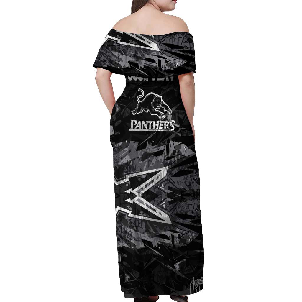 Personalized Penrith Panthers Off Shoulder Maxi Dress Graffiti Grunge Abstract Urban Street Style Design