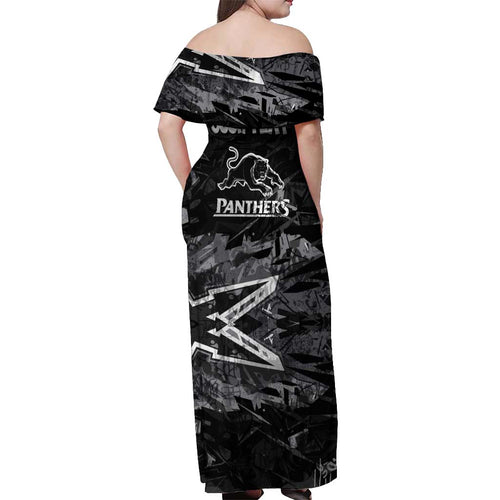 Personalized Penrith Panthers Off Shoulder Maxi Dress Graffiti Grunge Abstract Urban Street Style Design