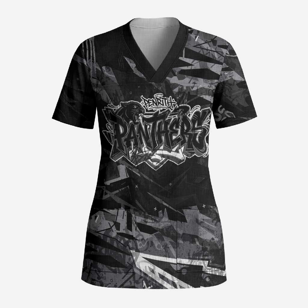 Personalized Penrith Panthers Scrub Top Graffiti Grunge Abstract Urban Street Style Design