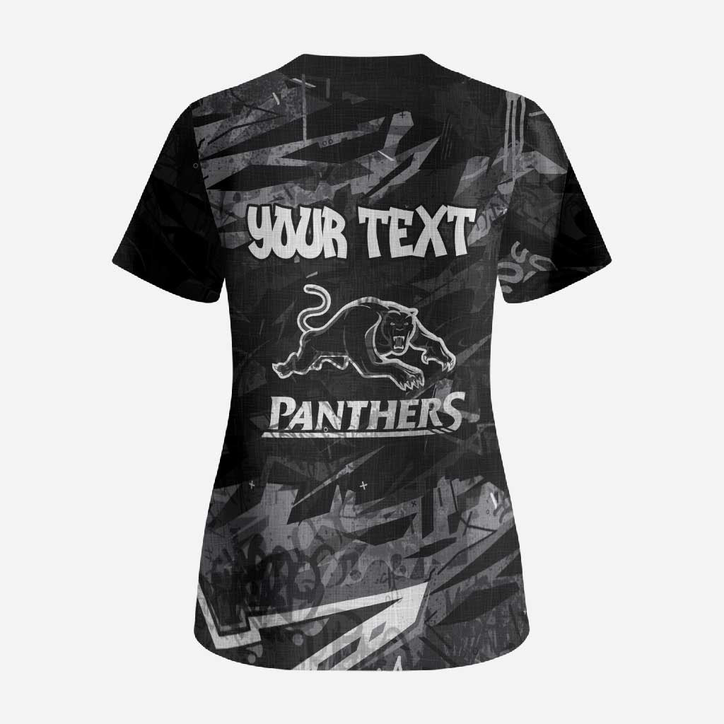 Personalized Penrith Panthers Scrub Top Graffiti Grunge Abstract Urban Street Style Design