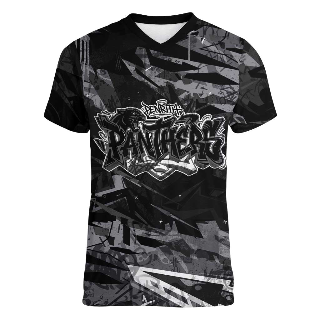 Personalized Penrith Panthers Women V-Neck T-Shirt Graffiti Grunge Abstract Urban Street Style Design