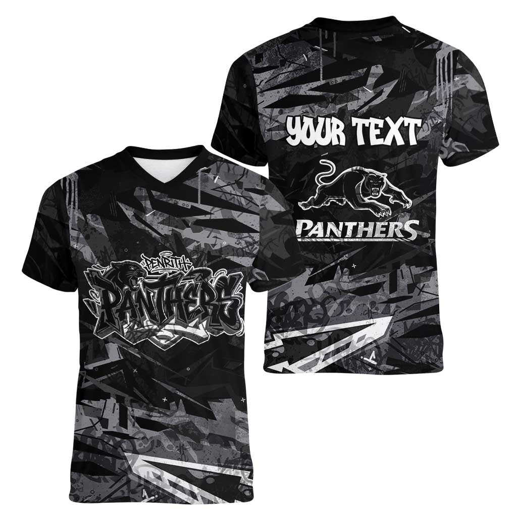 Personalized Penrith Panthers Women V-Neck T-Shirt Graffiti Grunge Abstract Urban Street Style Design