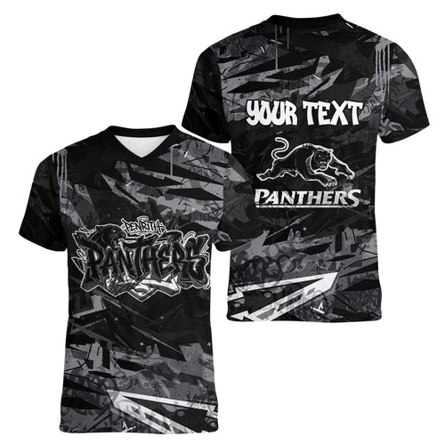 Personalized Penrith Panthers Women V-Neck T-Shirt Graffiti Grunge Abstract Urban Street Style Design