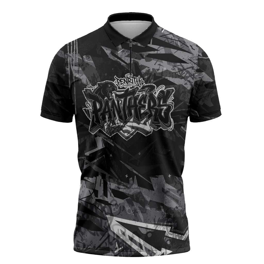 Personalized Penrith Panthers Zipper Polo Shirt Graffiti Grunge Abstract Urban Street Style Design