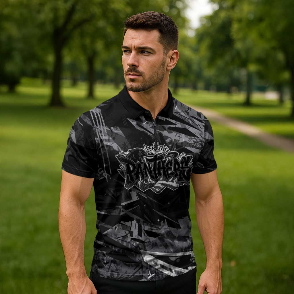 Personalized Penrith Panthers Zipper Polo Shirt Graffiti Grunge Abstract Urban Street Style Design