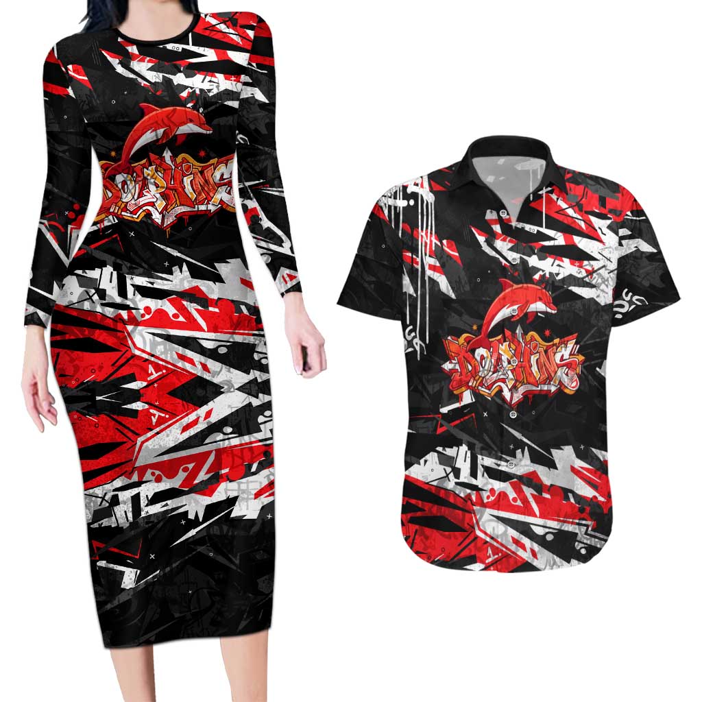 Personalized Dolphins Couples Matching Long Sleeve Bodycon Dress and Hawaiian Shirt Graffiti Grunge Abstract Urban Street Style Design