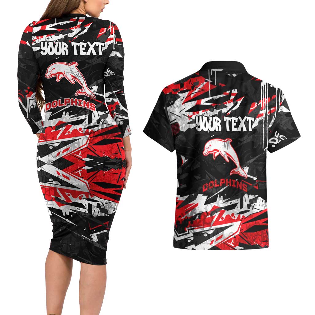 Personalized Dolphins Couples Matching Long Sleeve Bodycon Dress and Hawaiian Shirt Graffiti Grunge Abstract Urban Street Style Design