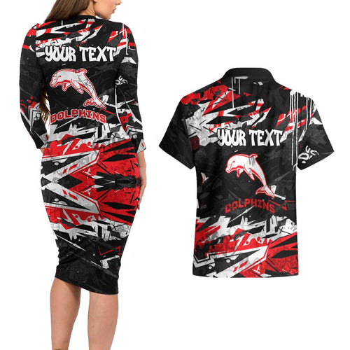 Personalized Dolphins Couples Matching Long Sleeve Bodycon Dress and Hawaiian Shirt Graffiti Grunge Abstract Urban Street Style Design