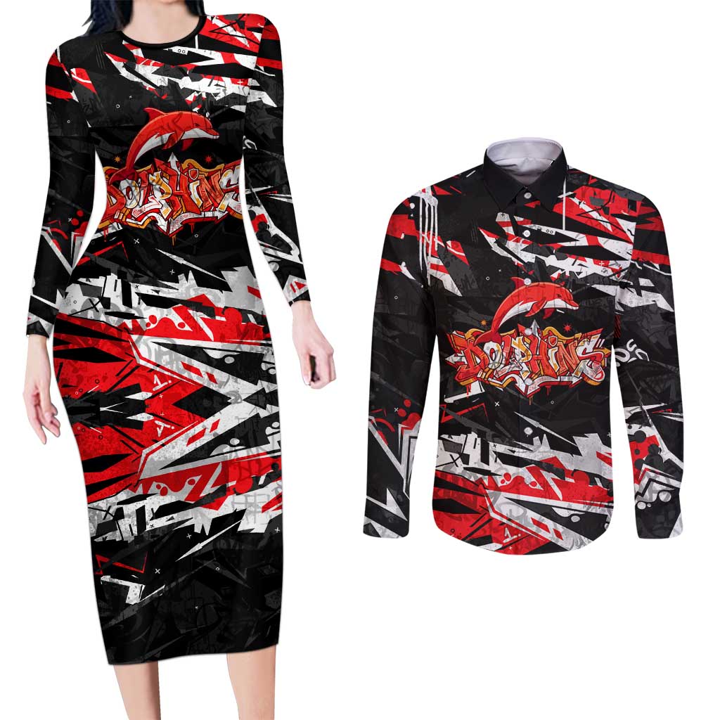 Personalized Dolphins Couples Matching Long Sleeve Bodycon Dress and Long Sleeve Button Shirt Graffiti Grunge Abstract Urban Street Style Design