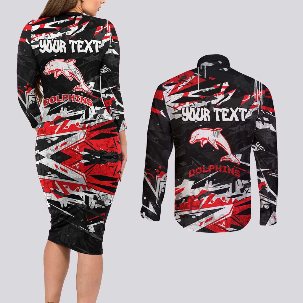 Personalized Dolphins Couples Matching Long Sleeve Bodycon Dress and Long Sleeve Button Shirt Graffiti Grunge Abstract Urban Street Style Design