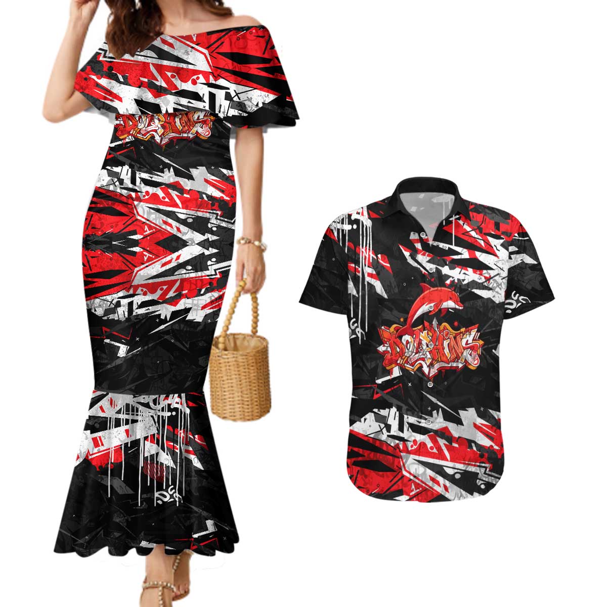 Personalized Dolphins Couples Matching Mermaid Dress and Hawaiian Shirt Graffiti Grunge Abstract Urban Street Style Design
