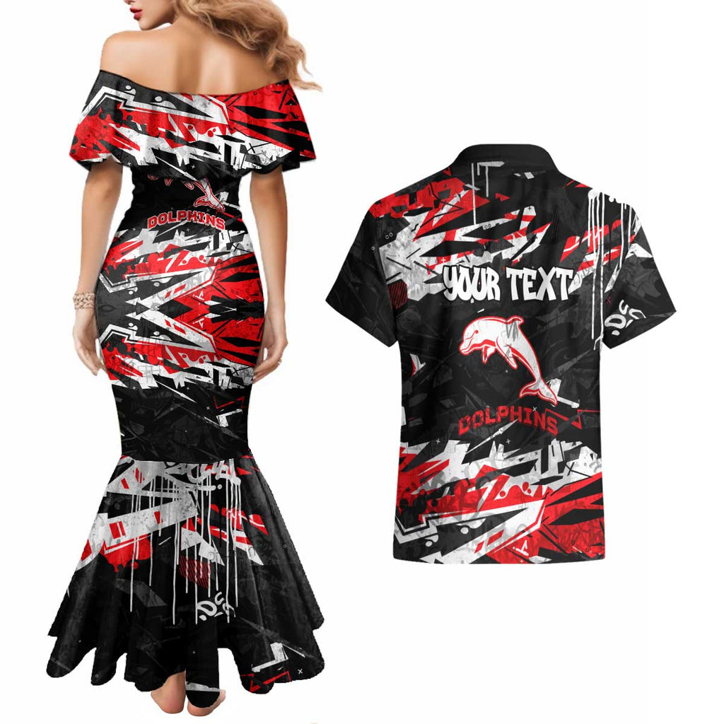 Personalized Dolphins Couples Matching Mermaid Dress and Hawaiian Shirt Graffiti Grunge Abstract Urban Street Style Design