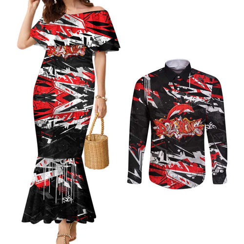 Personalized Dolphins Couples Matching Mermaid Dress and Long Sleeve Button Shirt Graffiti Grunge Abstract Urban Street Style Design