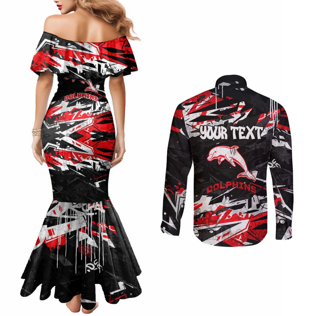 Personalized Dolphins Couples Matching Mermaid Dress and Long Sleeve Button Shirt Graffiti Grunge Abstract Urban Street Style Design