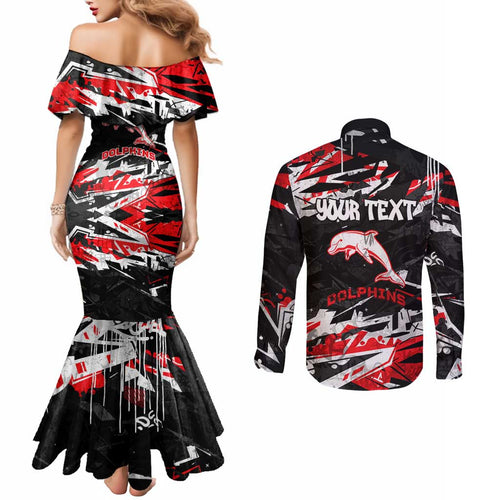Personalized Dolphins Couples Matching Mermaid Dress and Long Sleeve Button Shirt Graffiti Grunge Abstract Urban Street Style Design
