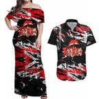 Personalized Dolphins Couples Matching Off Shoulder Maxi Dress and Hawaiian Shirt Graffiti Grunge Abstract Urban Street Style Design