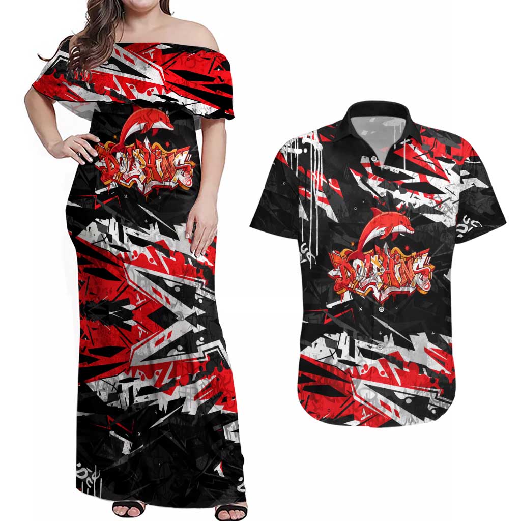 Personalized Dolphins Couples Matching Off Shoulder Maxi Dress and Hawaiian Shirt Graffiti Grunge Abstract Urban Street Style Design