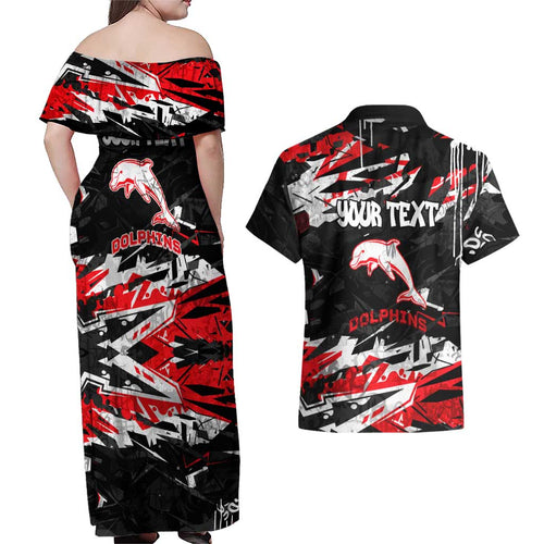 Personalized Dolphins Couples Matching Off Shoulder Maxi Dress and Hawaiian Shirt Graffiti Grunge Abstract Urban Street Style Design