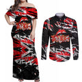 Personalized Dolphins Couples Matching Off Shoulder Maxi Dress and Long Sleeve Button Shirt Graffiti Grunge Abstract Urban Street Style Design