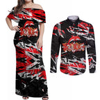 Personalized Dolphins Couples Matching Off Shoulder Maxi Dress and Long Sleeve Button Shirt Graffiti Grunge Abstract Urban Street Style Design