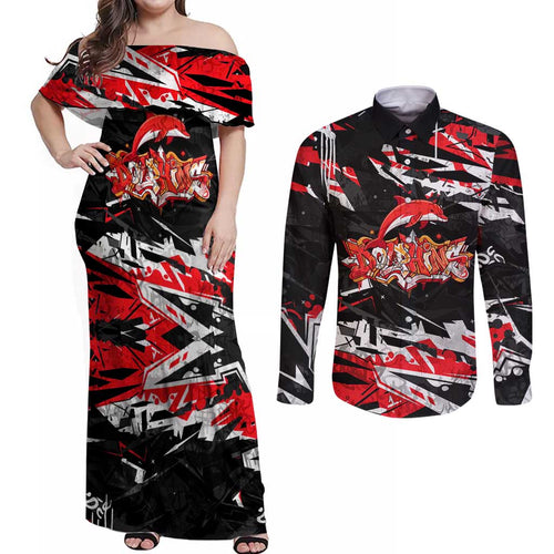 Personalized Dolphins Couples Matching Off Shoulder Maxi Dress and Long Sleeve Button Shirt Graffiti Grunge Abstract Urban Street Style Design