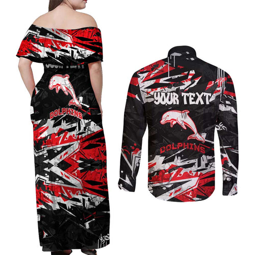 Personalized Dolphins Couples Matching Off Shoulder Maxi Dress and Long Sleeve Button Shirt Graffiti Grunge Abstract Urban Street Style Design