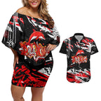 Personalized Dolphins Couples Matching Off Shoulder Short Dress and Hawaiian Shirt Graffiti Grunge Abstract Urban Street Style Design