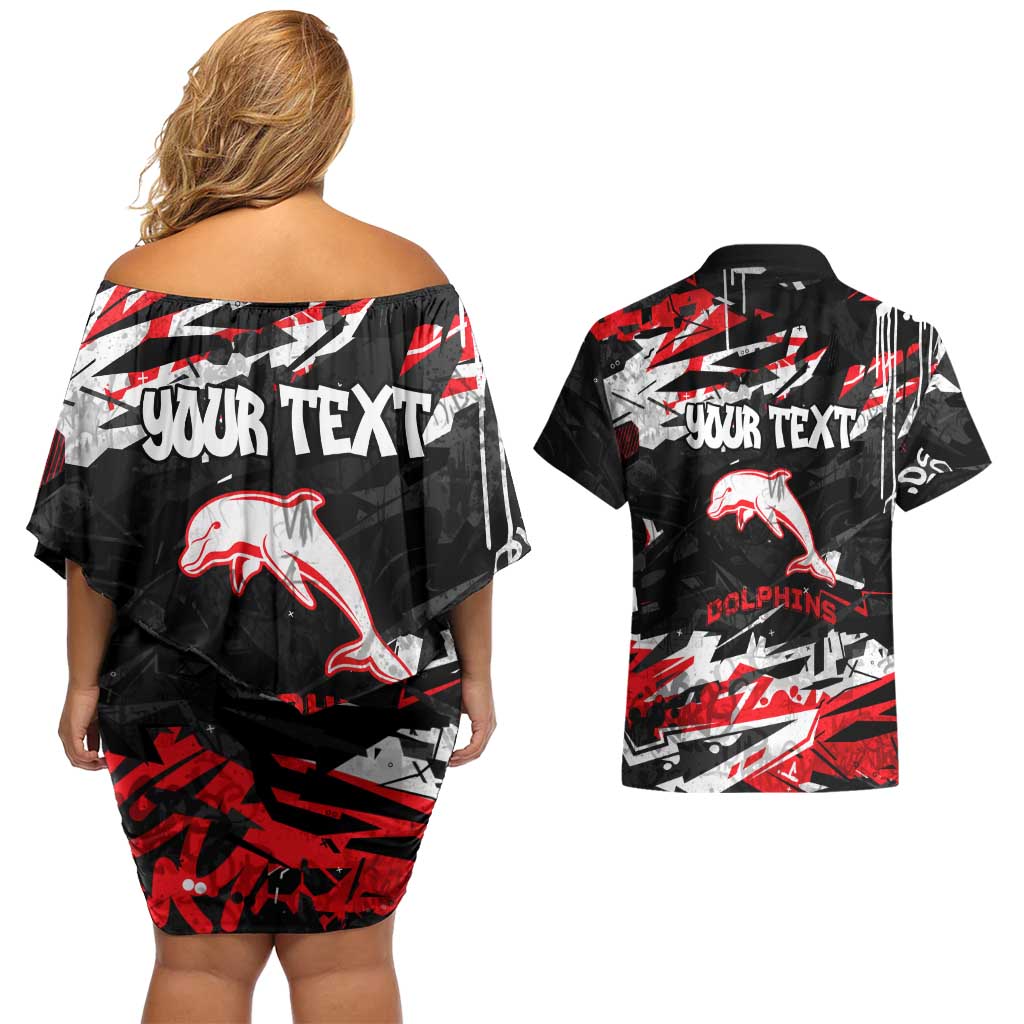 Personalized Dolphins Couples Matching Off Shoulder Short Dress and Hawaiian Shirt Graffiti Grunge Abstract Urban Street Style Design