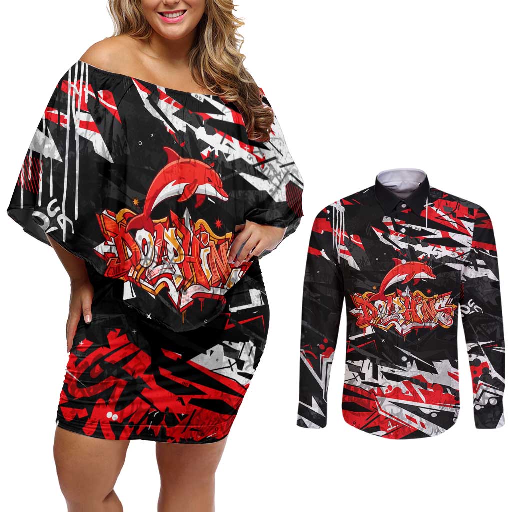 Personalized Dolphins Couples Matching Off Shoulder Short Dress and Long Sleeve Button Shirt Graffiti Grunge Abstract Urban Street Style Design