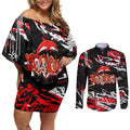 Personalized Dolphins Couples Matching Off Shoulder Short Dress and Long Sleeve Button Shirt Graffiti Grunge Abstract Urban Street Style Design
