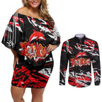 Personalized Dolphins Couples Matching Off Shoulder Short Dress and Long Sleeve Button Shirt Graffiti Grunge Abstract Urban Street Style Design