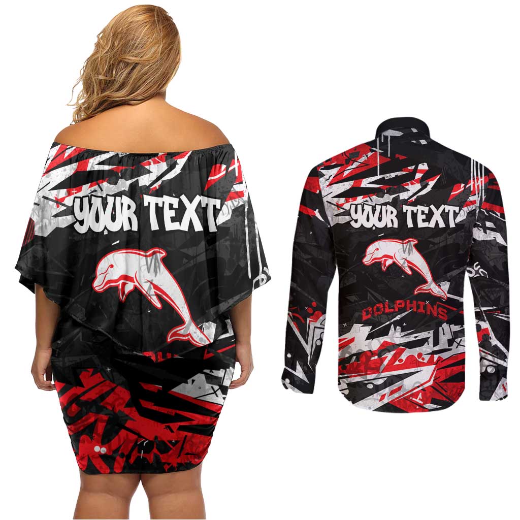 Personalized Dolphins Couples Matching Off Shoulder Short Dress and Long Sleeve Button Shirt Graffiti Grunge Abstract Urban Street Style Design