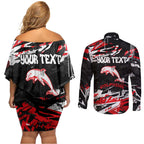 Personalized Dolphins Couples Matching Off Shoulder Short Dress and Long Sleeve Button Shirt Graffiti Grunge Abstract Urban Street Style Design