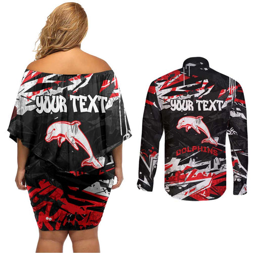Personalized Dolphins Couples Matching Off Shoulder Short Dress and Long Sleeve Button Shirt Graffiti Grunge Abstract Urban Street Style Design