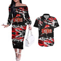 Personalized Dolphins Couples Matching Off The Shoulder Long Sleeve Dress and Hawaiian Shirt Graffiti Grunge Abstract Urban Street Style Design