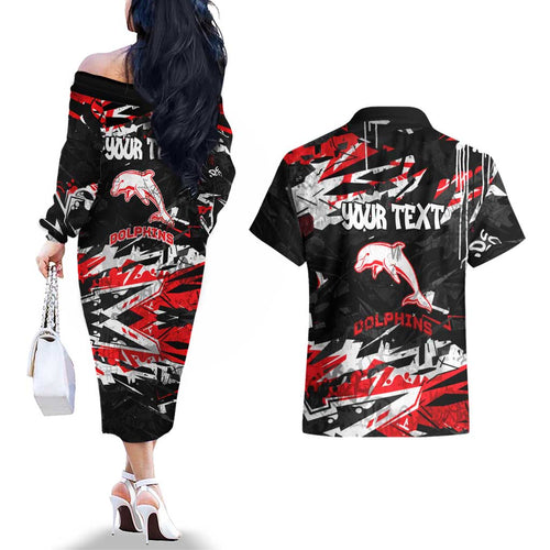 Personalized Dolphins Couples Matching Off The Shoulder Long Sleeve Dress and Hawaiian Shirt Graffiti Grunge Abstract Urban Street Style Design