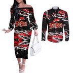 Personalized Dolphins Couples Matching Off The Shoulder Long Sleeve Dress and Long Sleeve Button Shirt Graffiti Grunge Abstract Urban Street Style Design