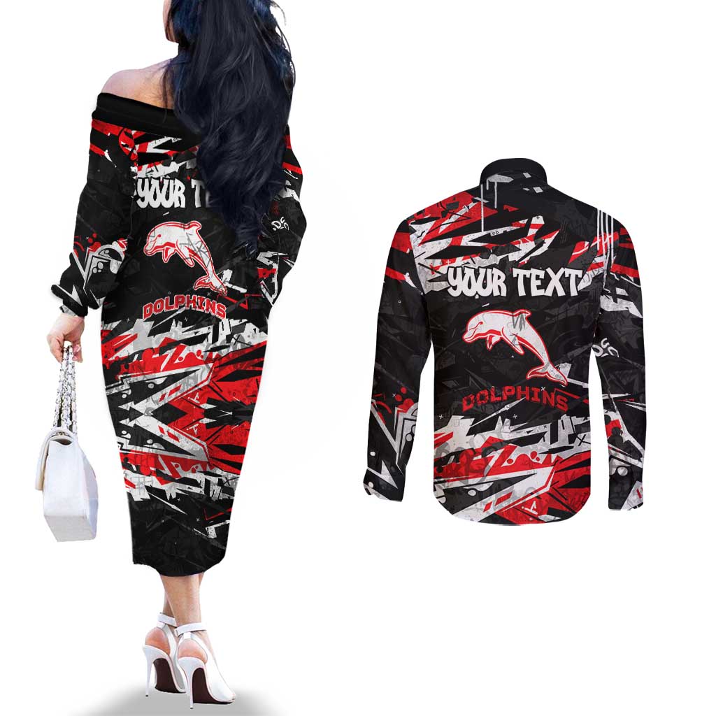 Personalized Dolphins Couples Matching Off The Shoulder Long Sleeve Dress and Long Sleeve Button Shirt Graffiti Grunge Abstract Urban Street Style Design