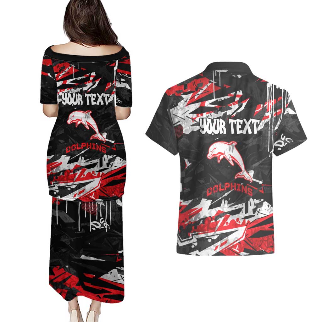 Personalized Dolphins Couples Matching Puletasi and Hawaiian Shirt Graffiti Grunge Abstract Urban Street Style Design
