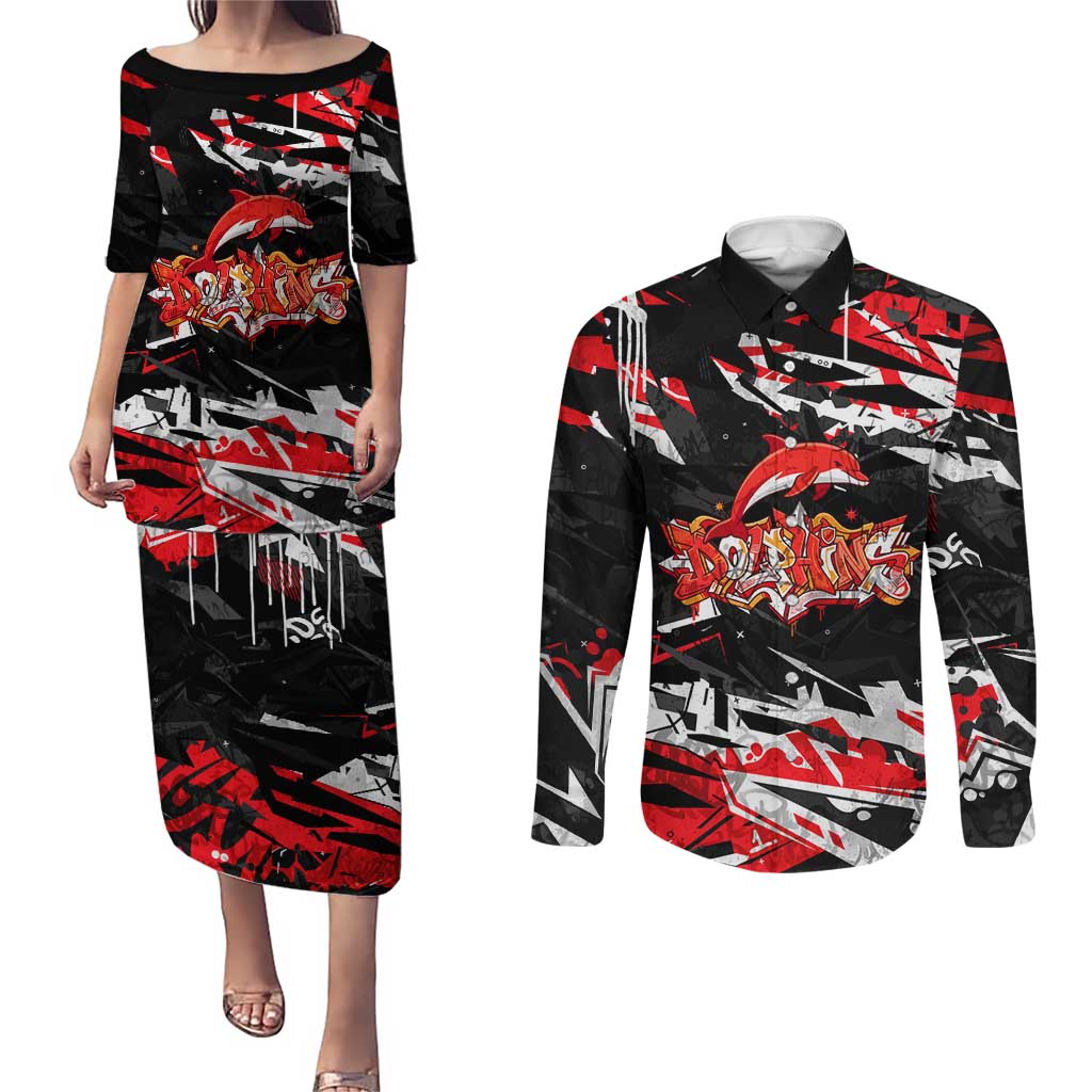 Personalized Dolphins Couples Matching Puletasi and Long Sleeve Button Shirt Graffiti Grunge Abstract Urban Street Style Design