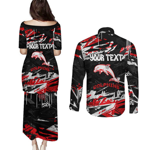 Personalized Dolphins Couples Matching Puletasi and Long Sleeve Button Shirt Graffiti Grunge Abstract Urban Street Style Design