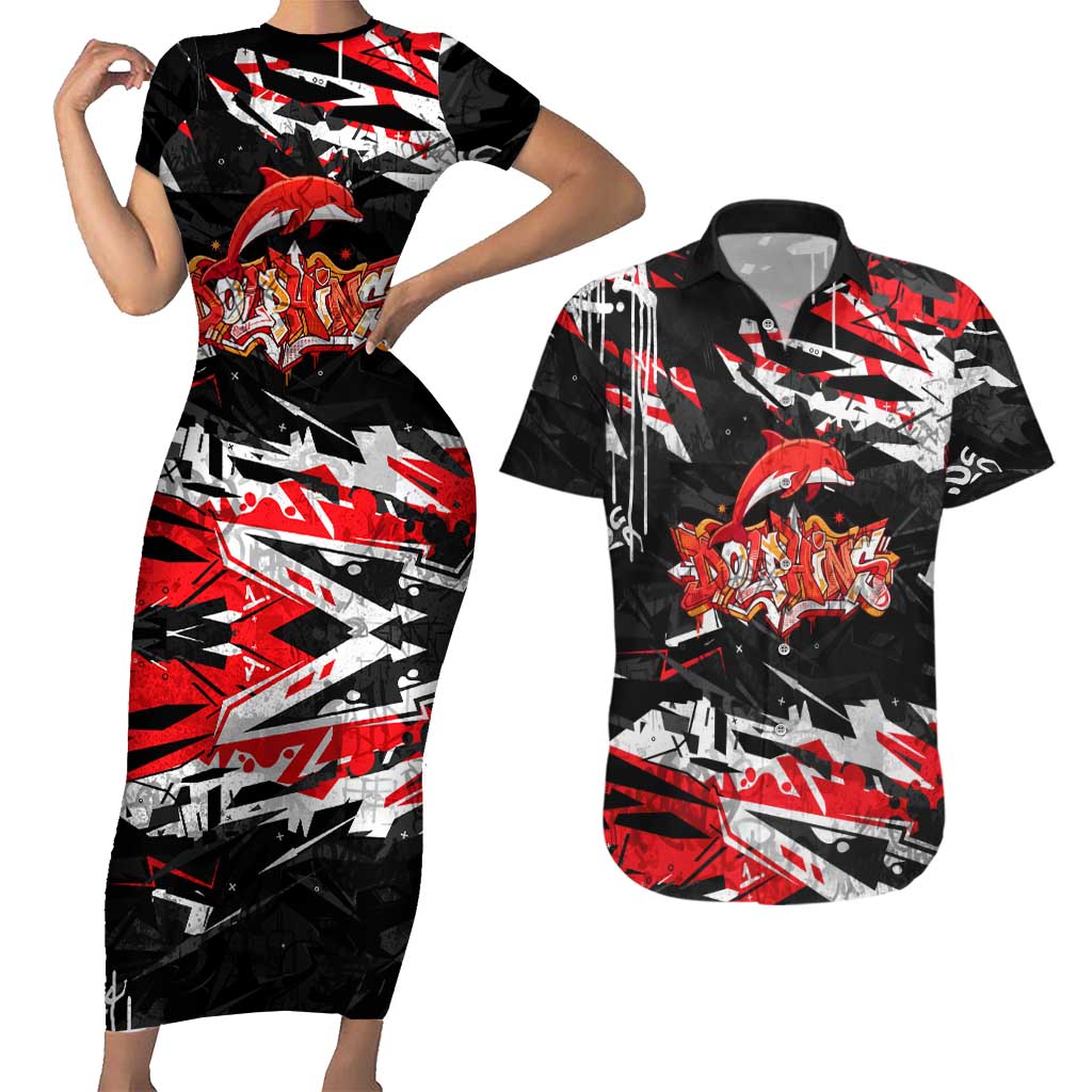 Personalized Dolphins Couples Matching Short Sleeve Bodycon Dress and Hawaiian Shirt Graffiti Grunge Abstract Urban Street Style Design
