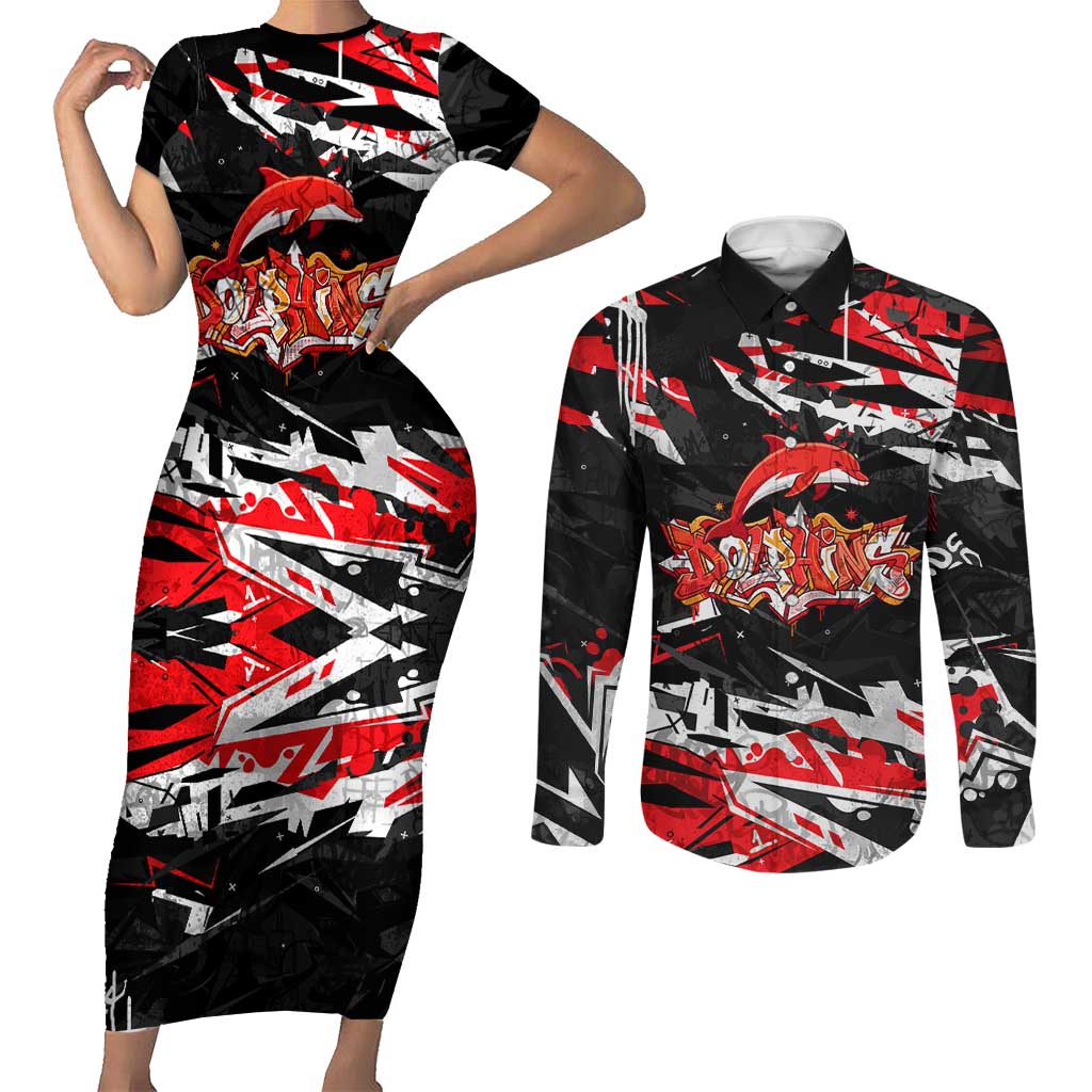 Personalized Dolphins Couples Matching Short Sleeve Bodycon Dress and Long Sleeve Button Shirt Graffiti Grunge Abstract Urban Street Style Design