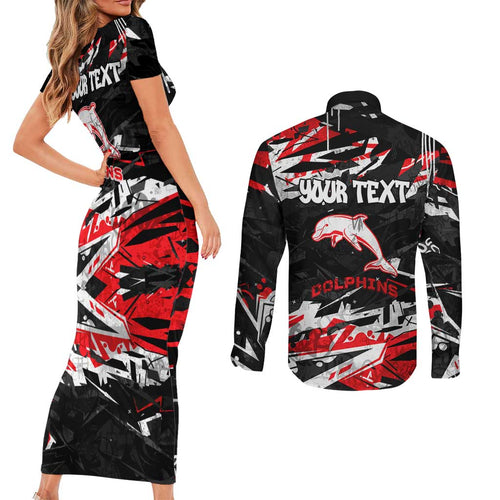 Personalized Dolphins Couples Matching Short Sleeve Bodycon Dress and Long Sleeve Button Shirt Graffiti Grunge Abstract Urban Street Style Design