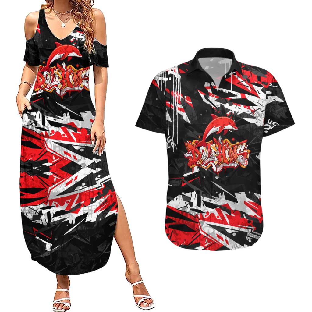 Personalized Dolphins Couples Matching Summer Maxi Dress and Hawaiian Shirt Graffiti Grunge Abstract Urban Street Style Design