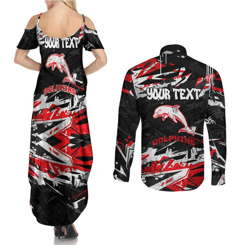Personalized Dolphins Couples Matching Summer Maxi Dress and Long Sleeve Button Shirt Graffiti Grunge Abstract Urban Street Style Design
